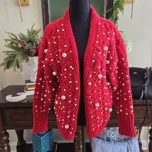 Red Pearl-Embellished Women's Sweater